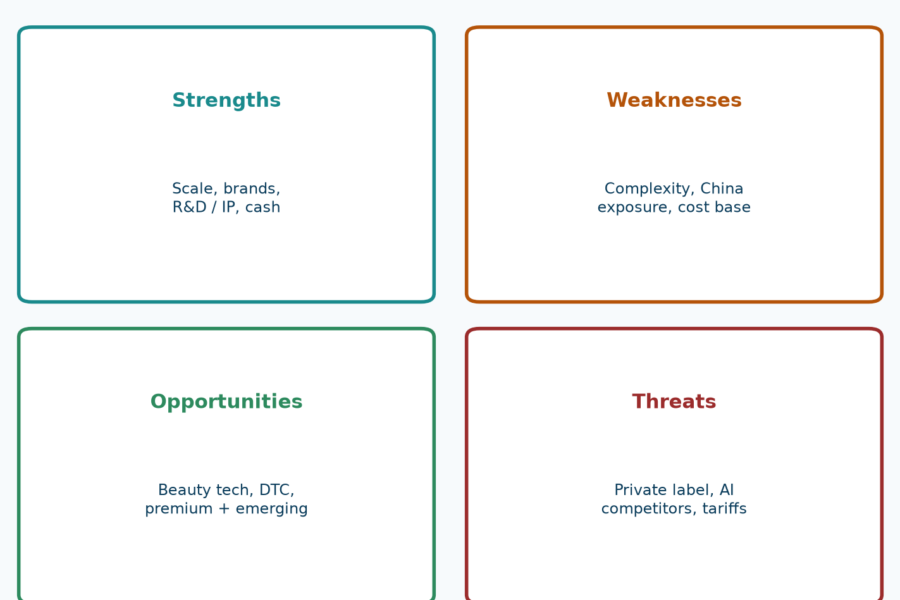 Khung SWOT dùng xuyên suốt năm phân tích ngành hàng tiêu dùng. Chỉ mang tính minh họa
