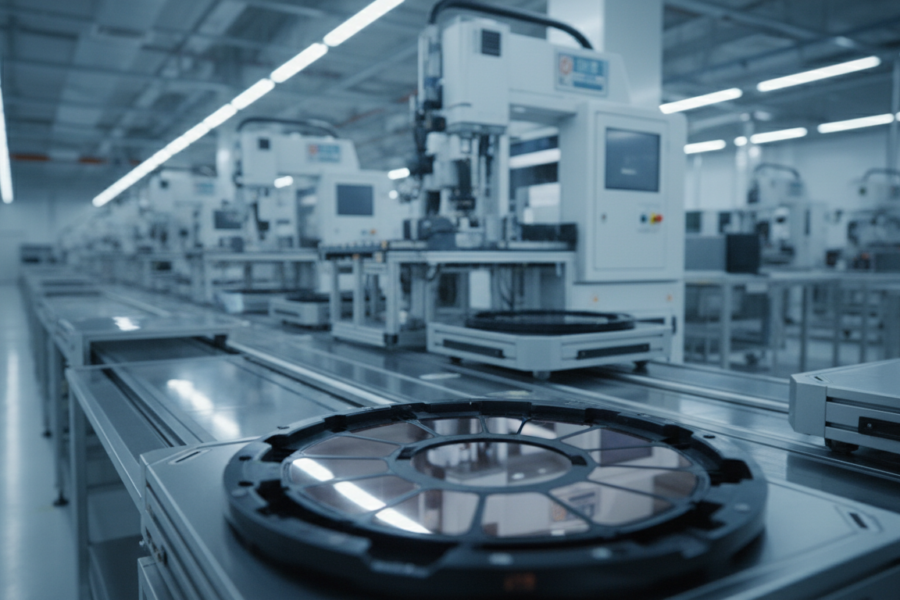 Một nhà máy sản xuất chip bán dẫn hiện đại với các dây chuyền tự động hóa và khay wafer silicon trong môi trường sạch. I