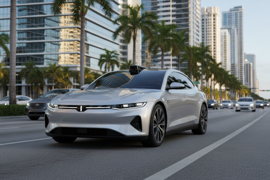 Một chiếc xe tự hành đang vận hành thử nghiệm trên đường phố Miami, phản ánh bước phát triển mới của công nghệ lái xe kh