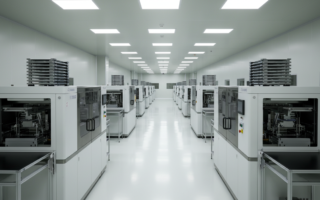 Bức ảnh ghi lại không gian sản xuất chip bán dẫn hiện đại với các thiết bị xử lý wafer và ánh sáng công nghiệp đặc trưng