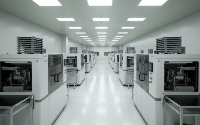 Bức ảnh ghi lại không gian sản xuất chip bán dẫn hiện đại với các thiết bị xử lý wafer và ánh sáng công nghiệp đặc trưng