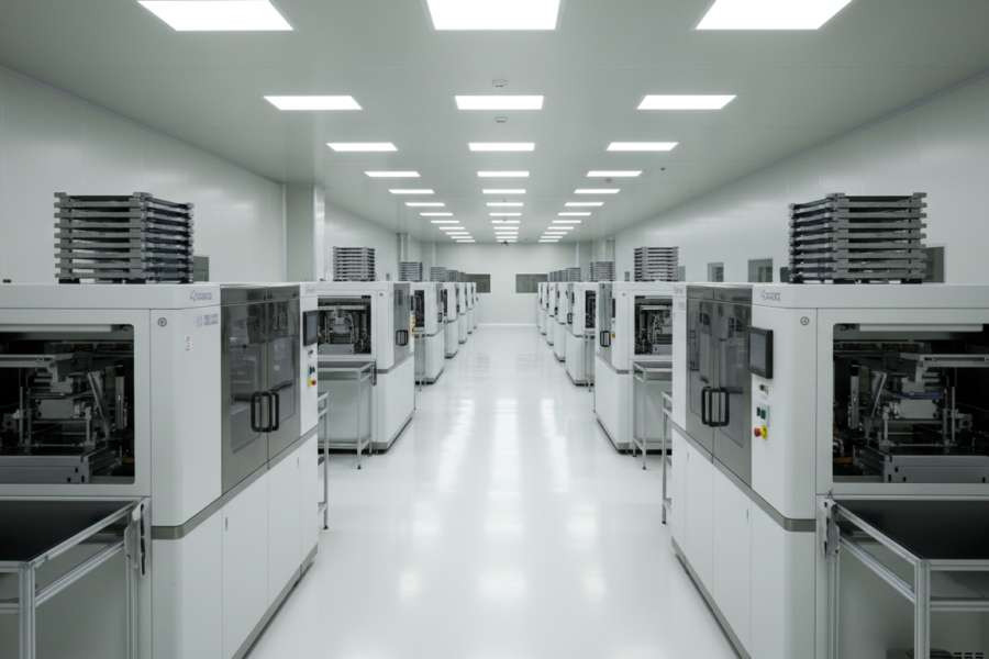 Bức ảnh ghi lại không gian sản xuất chip bán dẫn hiện đại với các thiết bị xử lý wafer và ánh sáng công nghiệp đặc trưng