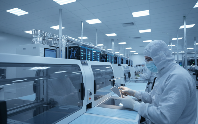 Không gian sản xuất chip bán dẫn hiện đại phục vụ hạ tầng máy chủ và trung tâm dữ liệu trí tuệ nhân tạo. Illustration on
