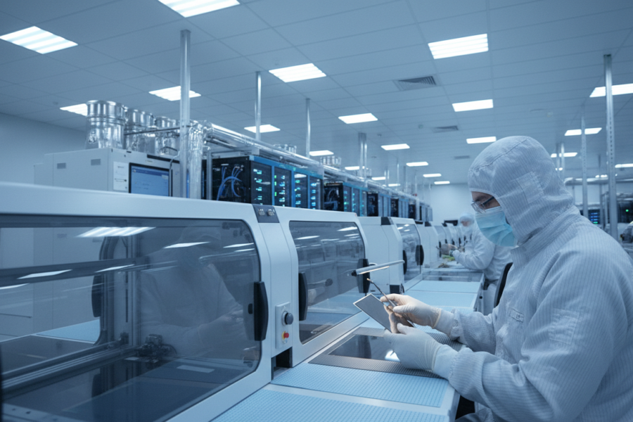 Không gian sản xuất chip bán dẫn hiện đại phục vụ hạ tầng máy chủ và trung tâm dữ liệu trí tuệ nhân tạo. Illustration on