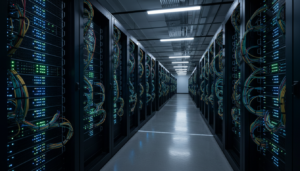 Trung tâm dữ liệu tài chính hiện đại với hạ tầng server và hệ thống làm mát, phản ánh quy mô của hạ tầng số phục vụ ngân