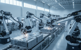 Dây chuyền lắp ráp pin xe điện trong nhà máy công nghiệp hiện đại với robot tự động và kỹ thuật viên đang vận hành thiết