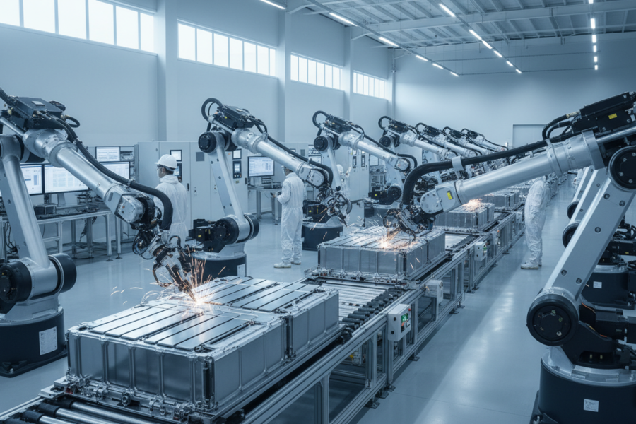 Dây chuyền lắp ráp pin xe điện trong nhà máy công nghiệp hiện đại với robot tự động và kỹ thuật viên đang vận hành thiết
