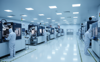Không gian sản xuất chip bán dẫn hiện đại với các thiết bị công nghệ cao được bố trí gọn gàng trong nhà máy. Illustratio