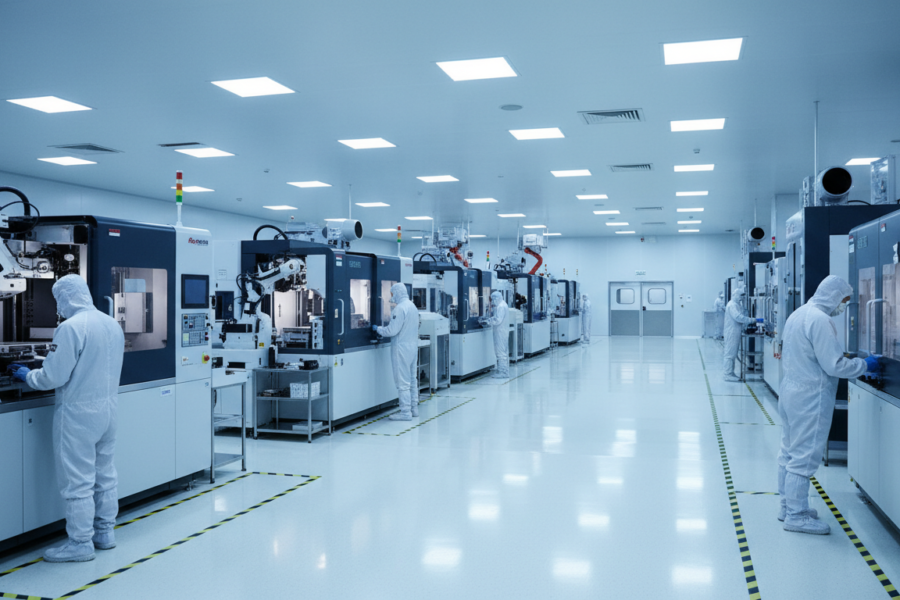 Không gian sản xuất chip bán dẫn hiện đại với các thiết bị công nghệ cao được bố trí gọn gàng trong nhà máy. Illustratio
